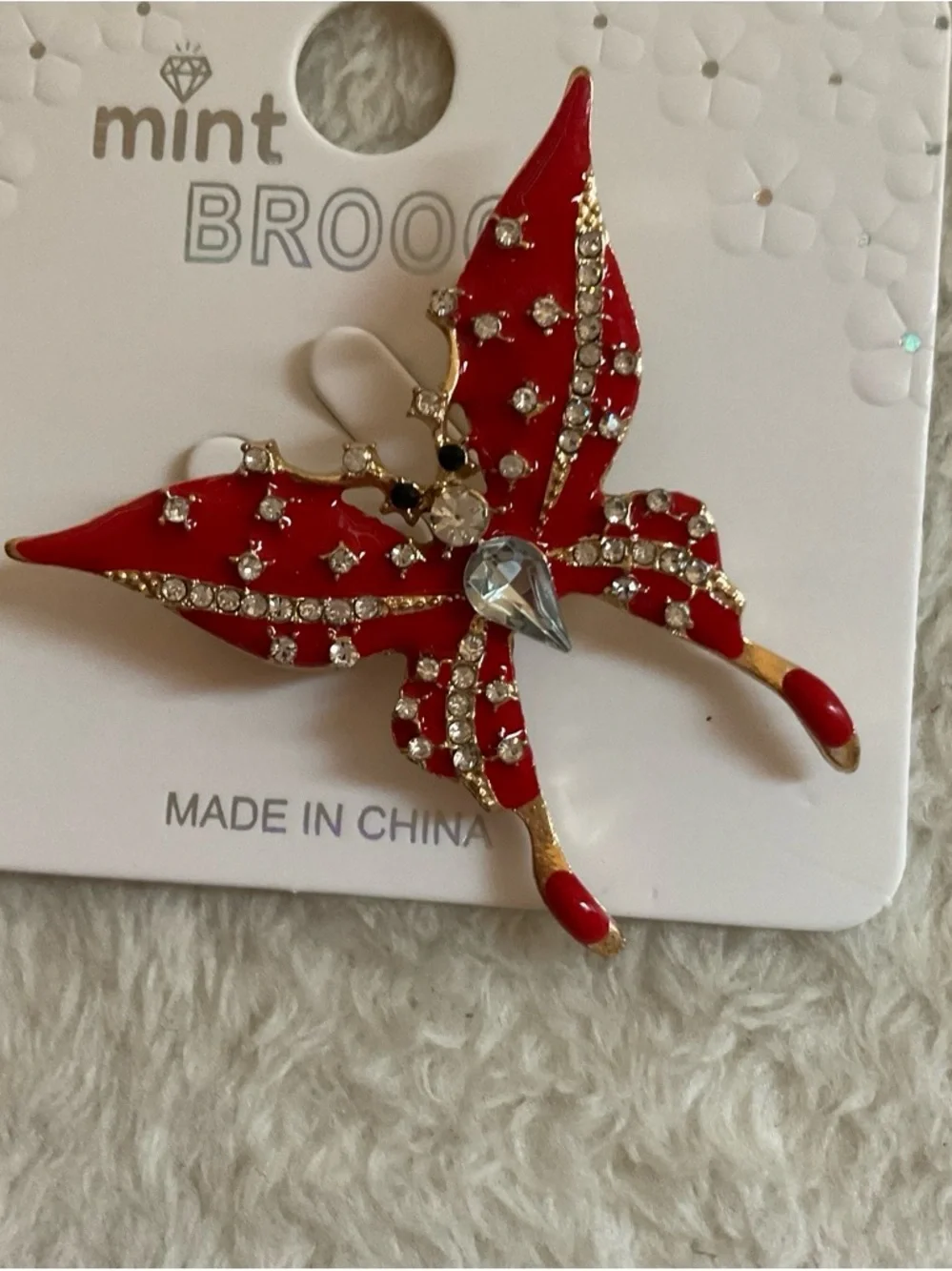 Mint Red Enamel Starfish Brooch with Clear Crystals